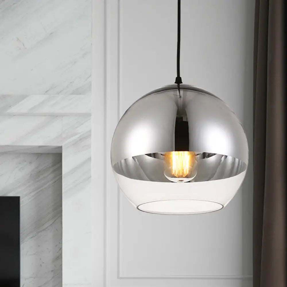 Minimalist Silver Sphere Pendant Lamp - Bedroom Hanging Light With Transparent Open Glass &