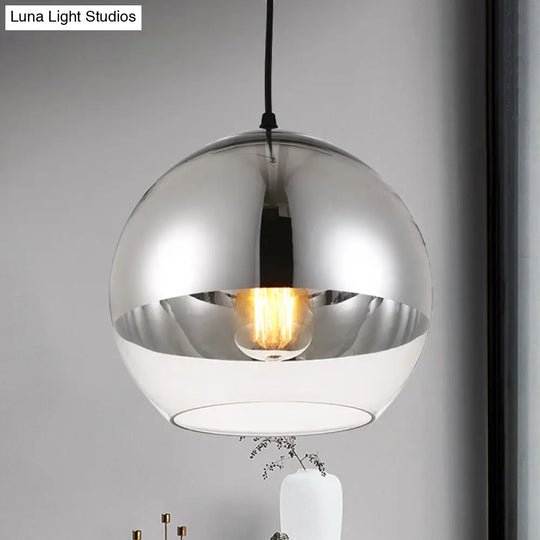 Minimalist Silver Sphere Pendant Lamp - Bedroom Hanging Light With Transparent Open Glass &