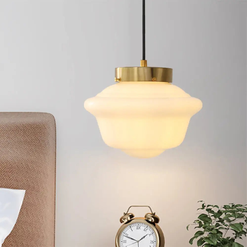Minimalist Single Brass Hanging Ceiling Light - White Glass Pendant With Gyro Shape For Restaurants