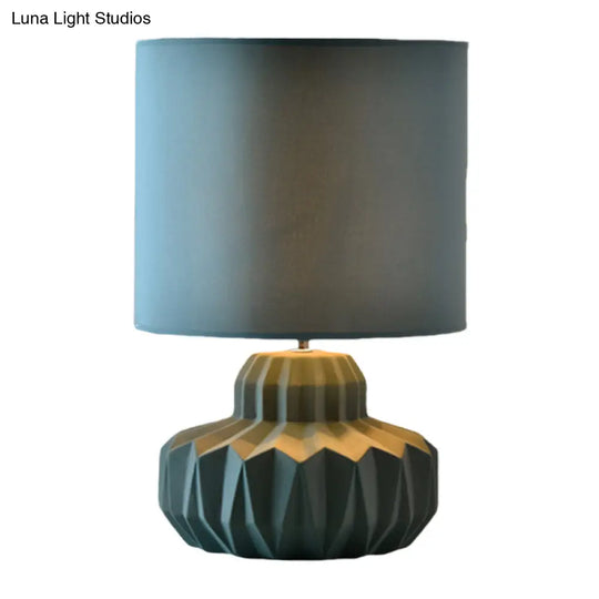 Minimalist Single Cylinder Night Light For Sitting Room | Blackish Green Fabric Table Lighting