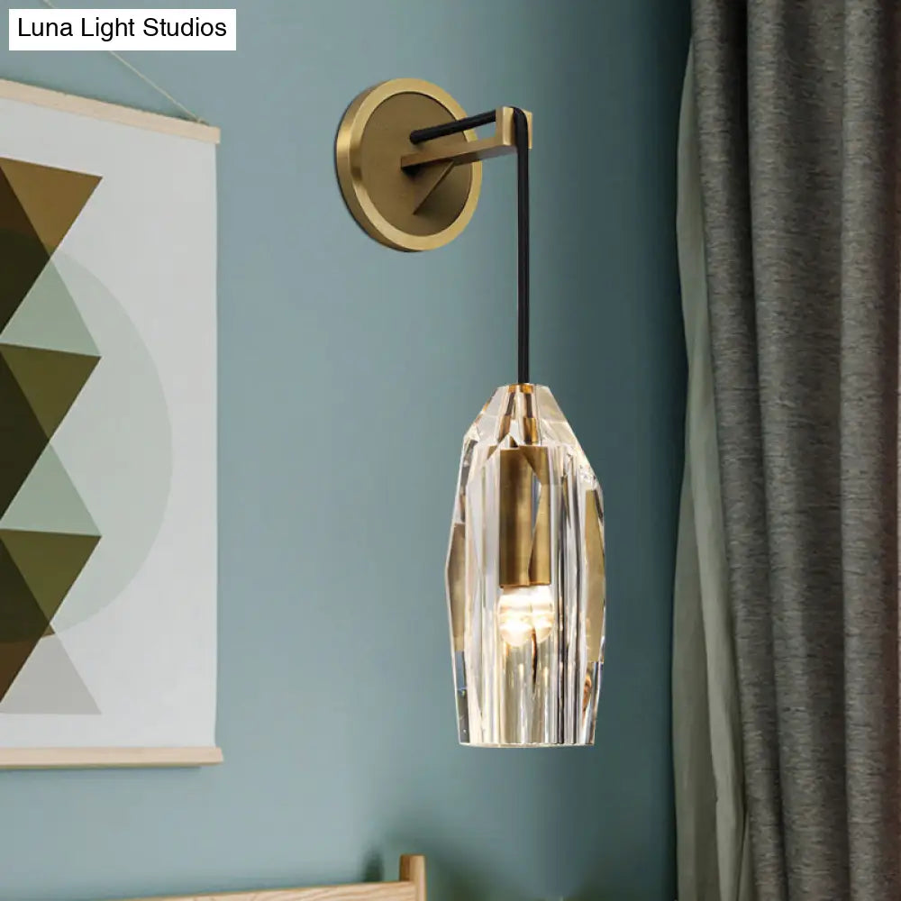 Minimalist Single Light Brass Wall Mounted Sconce Lamp With Clear Crystal Facets