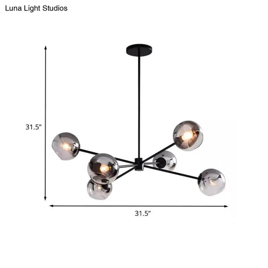 Minimalist Smoke Gray Glass Ball Chandelier With 6-Bulb Sputnik Pendant Lamp In Black Finish