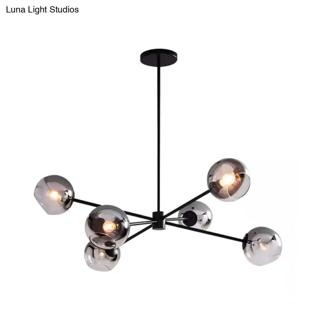 Minimalist Smoke Gray Glass Ball Chandelier With 6-Bulb Sputnik Pendant Lamp In Black Finish