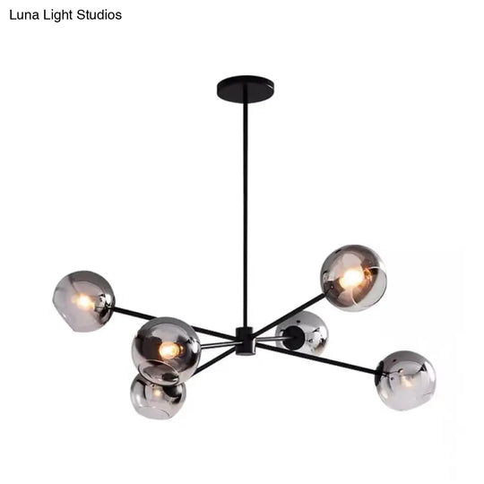 Minimalist Smoke Gray Glass Ball Chandelier With 6-Bulb Sputnik Pendant Lamp In Black Finish