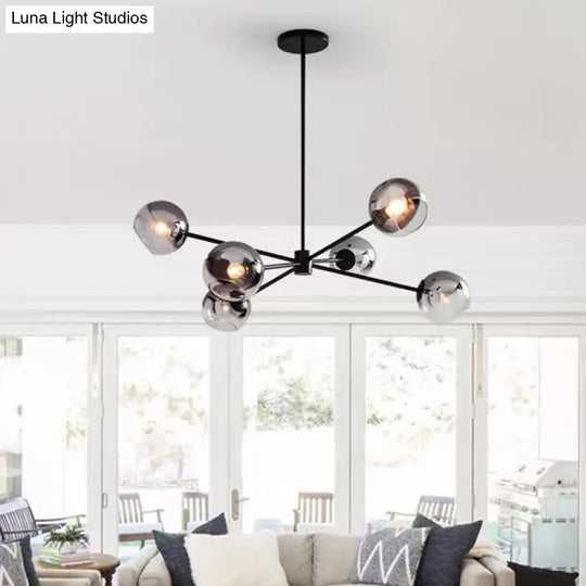 Minimalist Smoke Gray Glass Ball Chandelier With 6-Bulb Sputnik Pendant Lamp In Black Finish