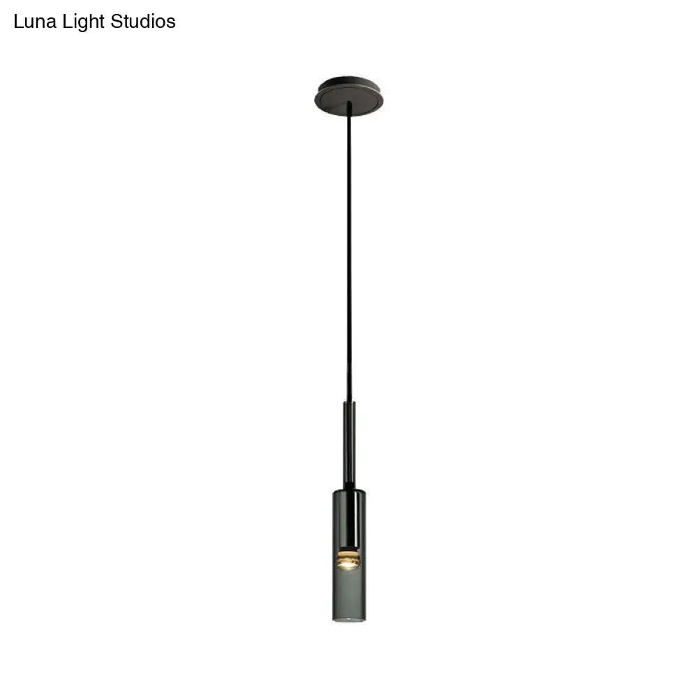 Minimalist Smoke Grey Glass Tube Hanging Light - 1-Light Black Suspension For Bedroom