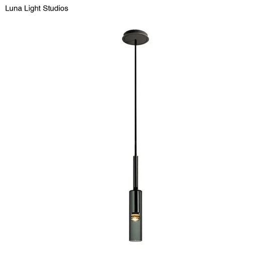 Minimalist Smoke Grey Glass Tube Hanging Light - 1-Light Black Suspension For Bedroom