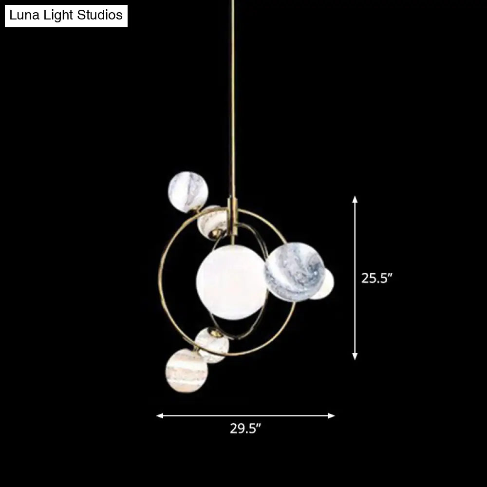 Minimalist Solar Planet Chandelier - Blue-White Glass 7 Heads Living Room Pendant Light