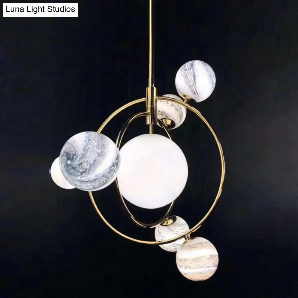 Minimalist Solar Planet Chandelier - Blue-White Glass 7 Heads Living Room Pendant Light