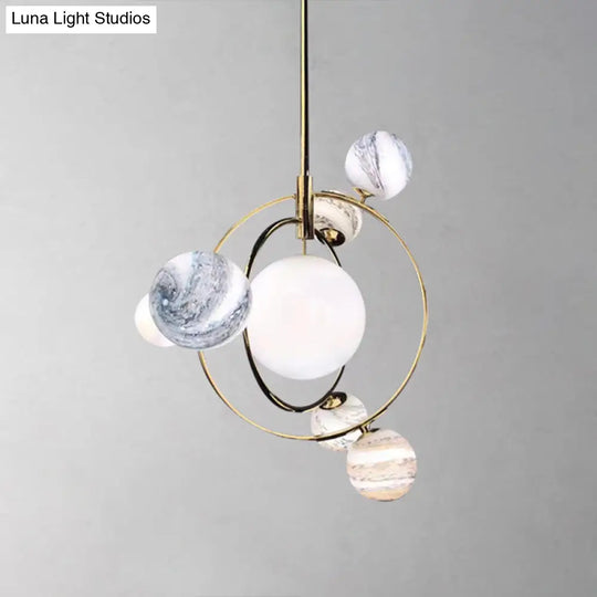 Minimalist Solar Planet Chandelier - Blue-White Glass 7 Heads Living Room Pendant Light