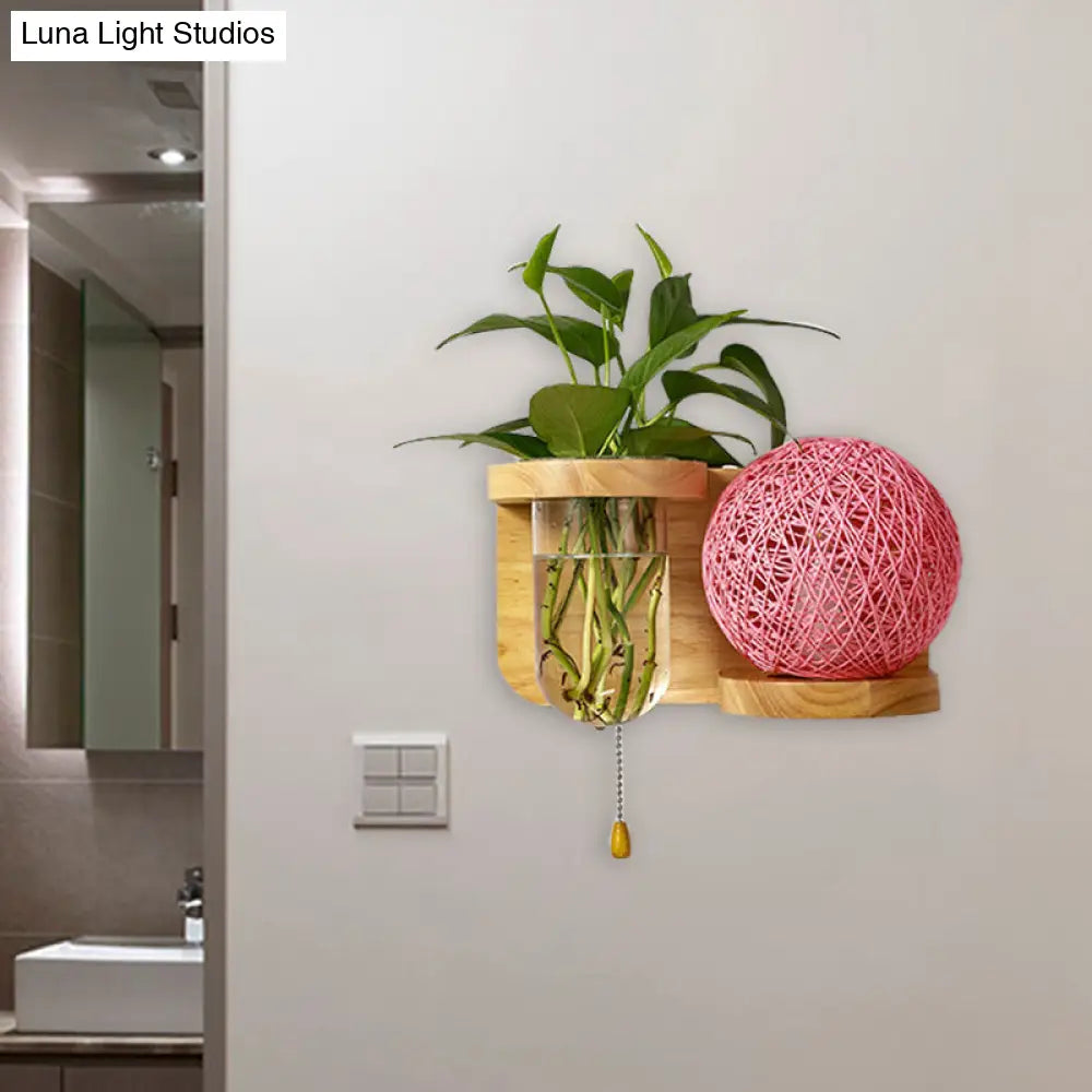 Minimalist Sphere Wall Light Sconce - Wooden Led Mounted Lighting (1 Bulb) In White/Pink/Yellow