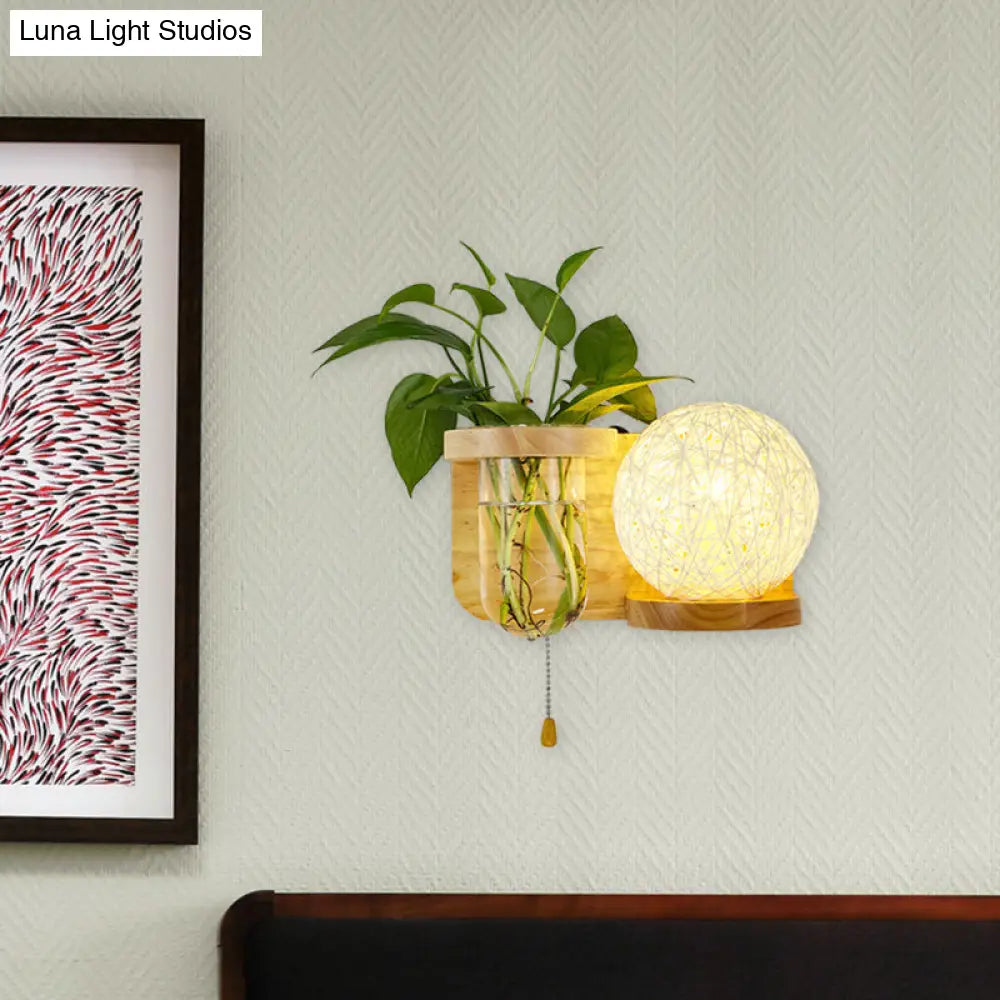 Minimalist Sphere Wall Light Sconce - Wooden Led Mounted Lighting (1 Bulb) In White/Pink/Yellow