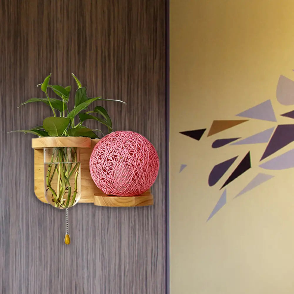 Minimalist Sphere Wall Light Sconce - Wooden Led Mounted Lighting (1 Bulb) In White/Pink/Yellow