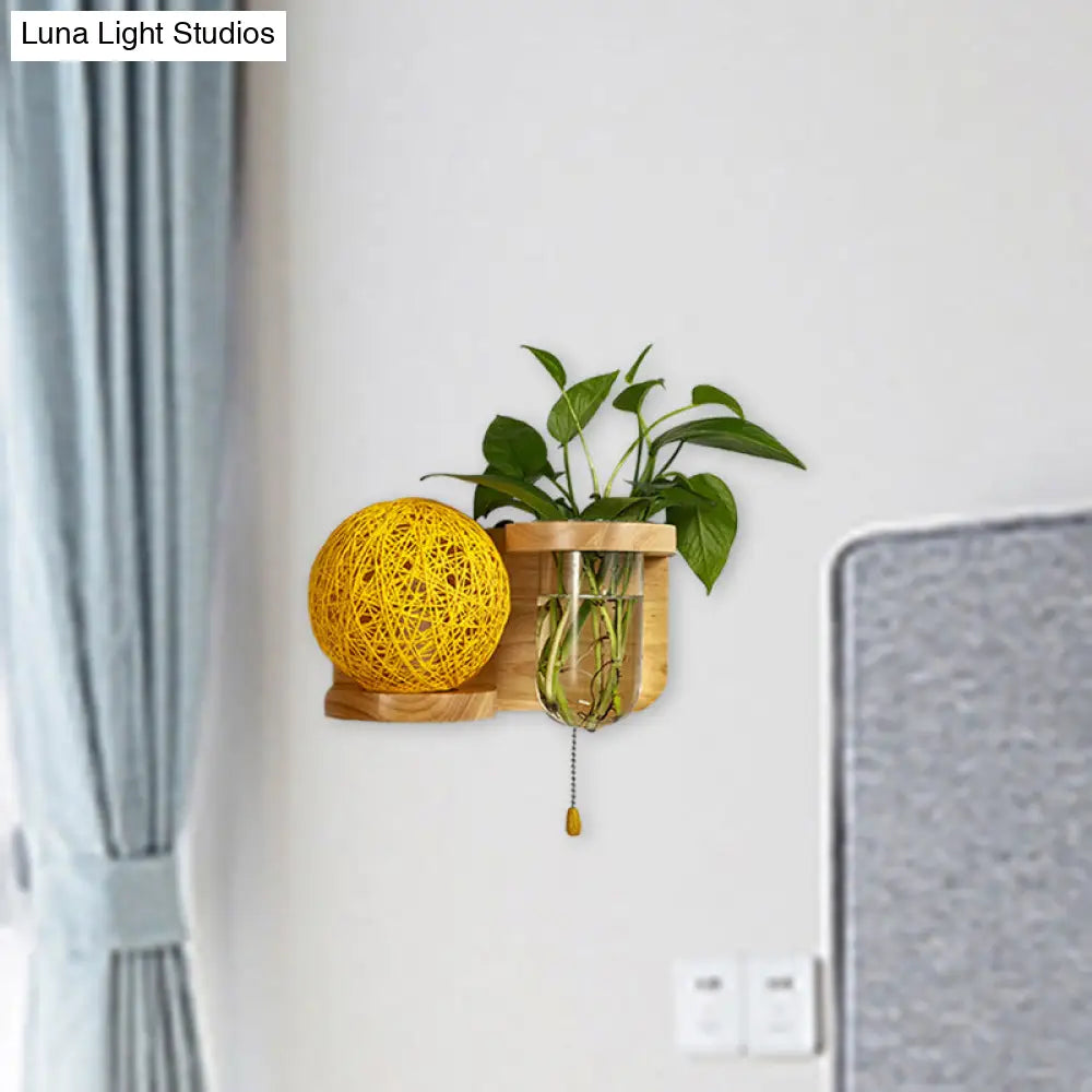 Minimalist Sphere Wall Light Sconce - Wooden Led Mounted Lighting (1 Bulb) In White/Pink/Yellow