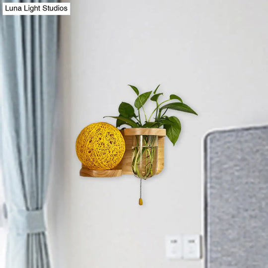 Minimalist Sphere Wall Light Sconce - Wooden Led Mounted Lighting (1 Bulb) In White/Pink/Yellow