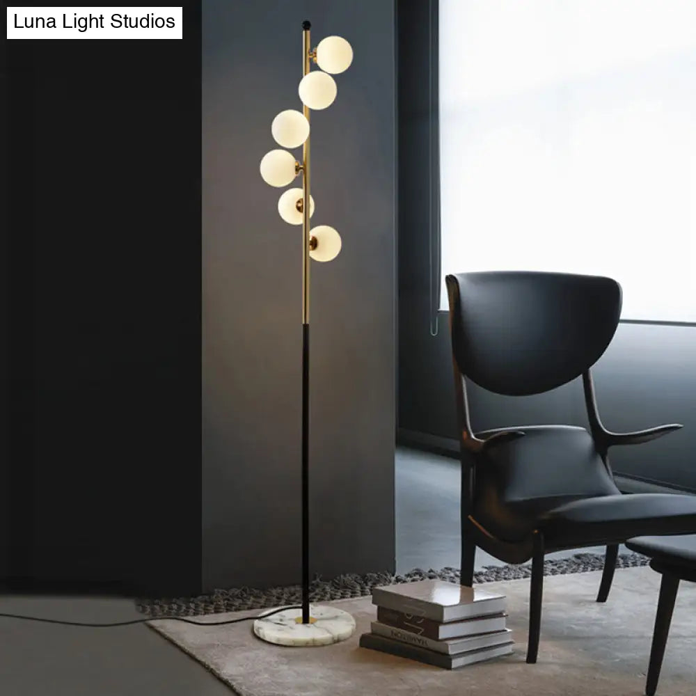 Minimalist Spiral Design - Gold And Black Ball Floor Lamp With 6-Bulb Cream Glass