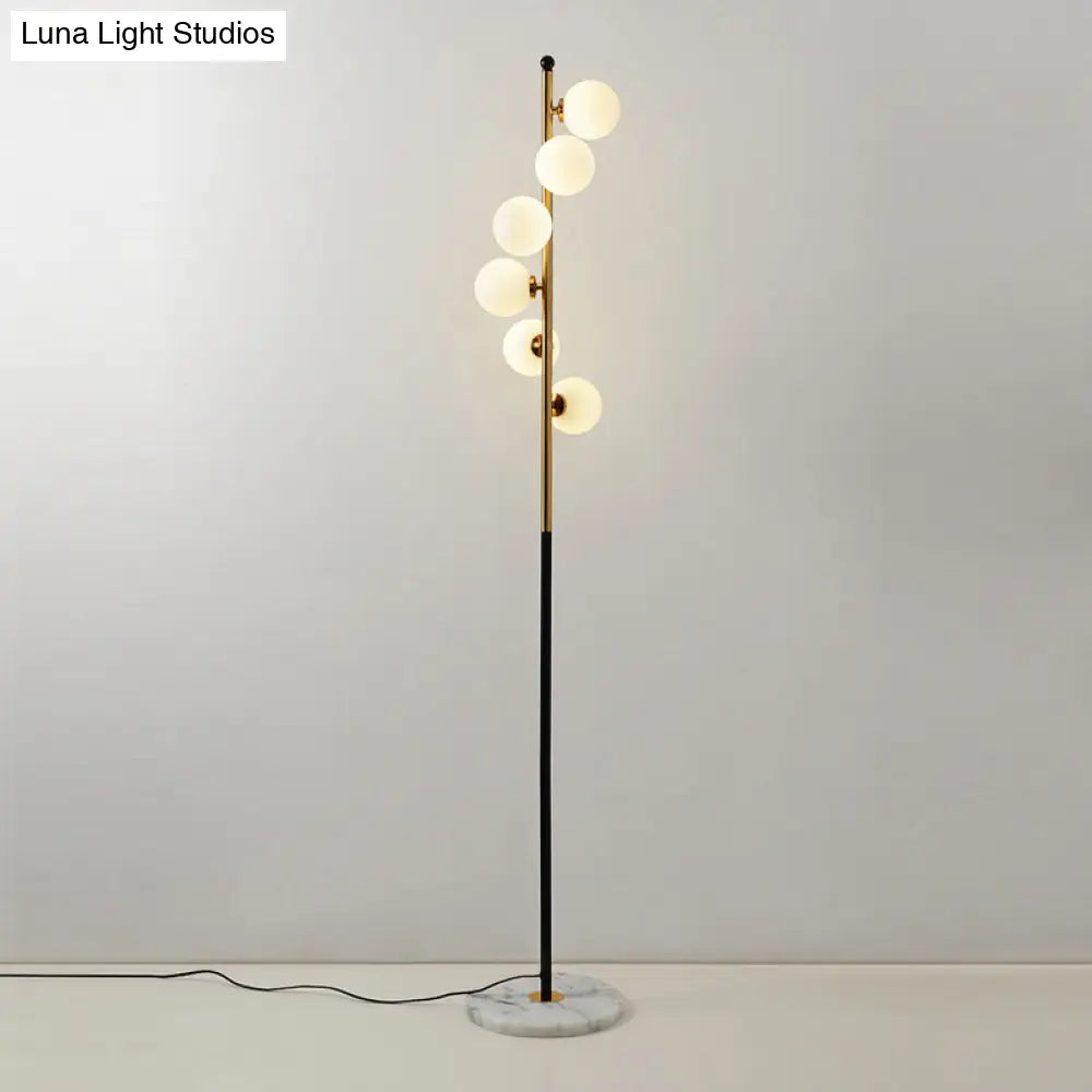 Minimalist Spiral Design - Gold And Black Ball Floor Lamp With 6-Bulb Cream Glass