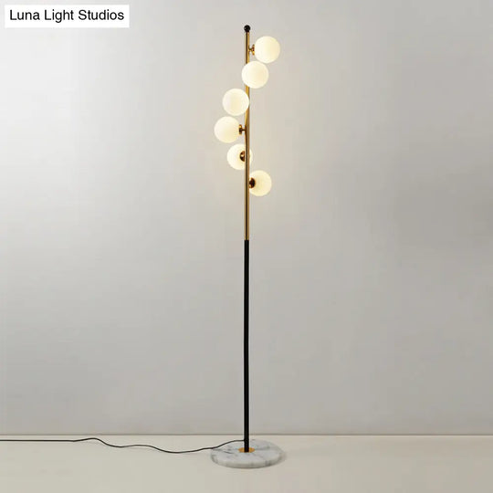 Minimalist Spiral Design - Gold And Black Ball Floor Lamp With 6-Bulb Cream Glass