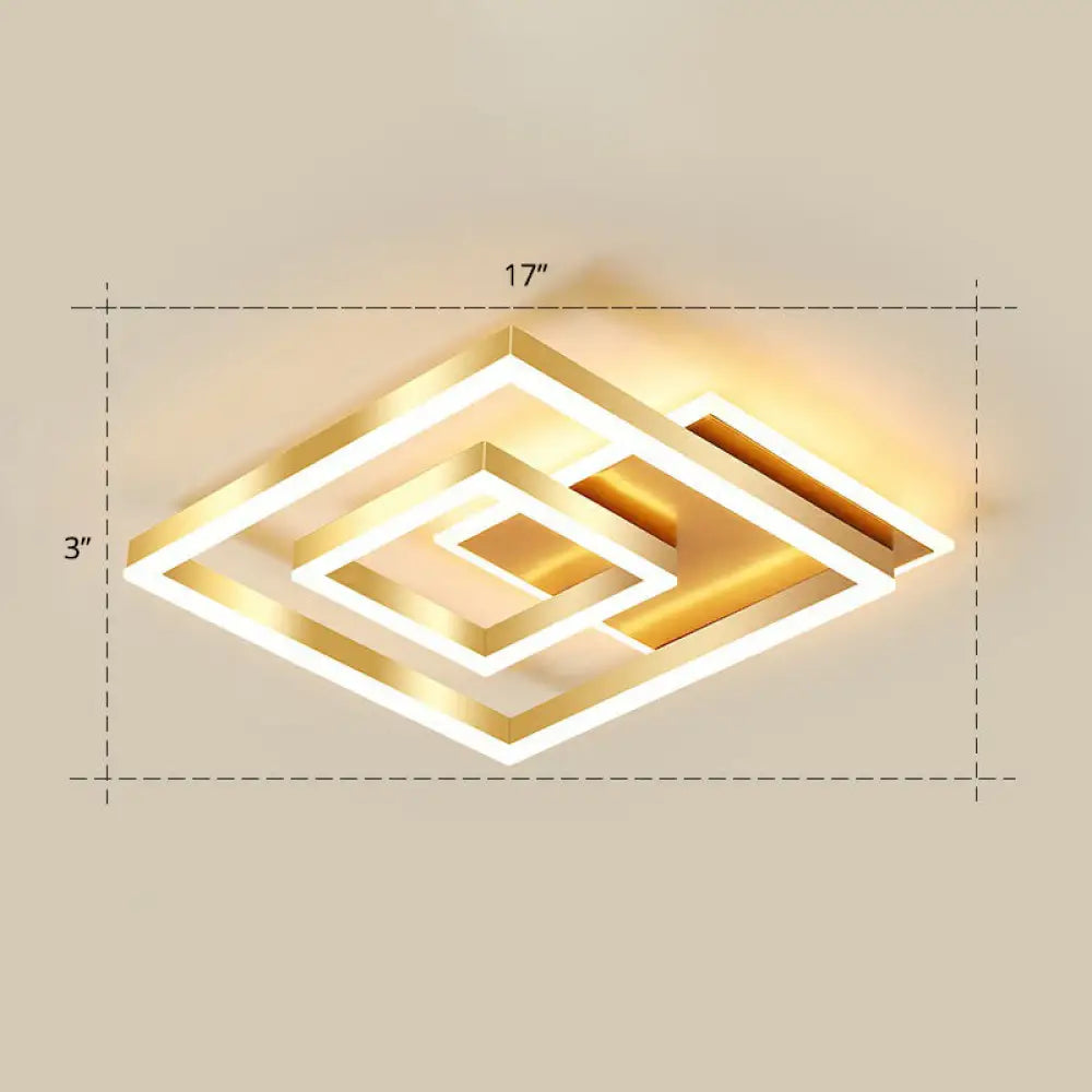 Minimalist Square Gold Led Flush Ceiling Light For Bedrooms / 17’ Warm