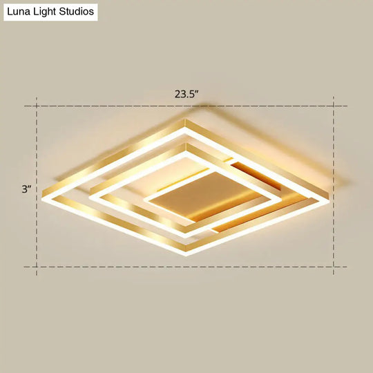 Minimalist Square Gold Led Flush Ceiling Light For Bedrooms / 23.5 Warm