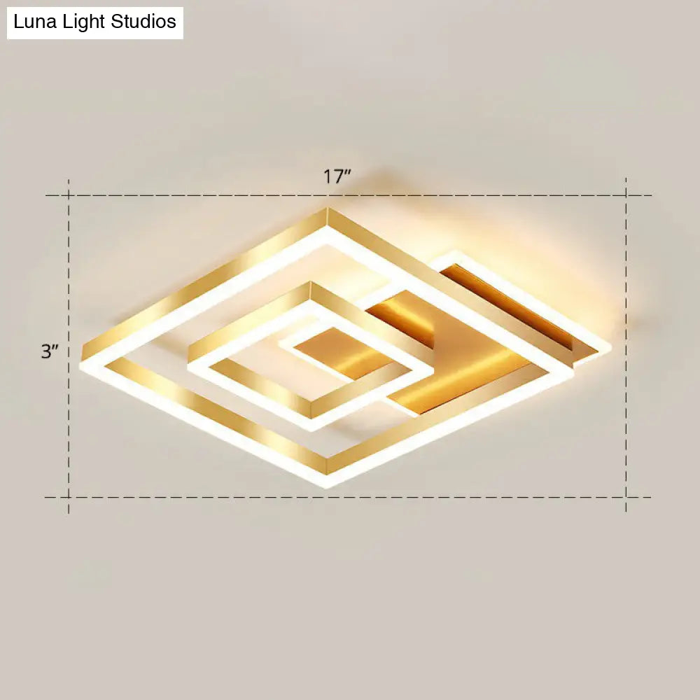 Minimalist Square Gold Led Flush Ceiling Light For Bedrooms / 17 Remote Control Stepless Dimming