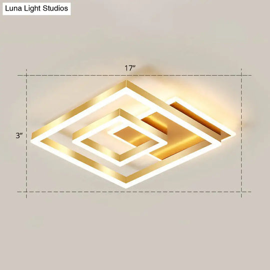 Minimalist Square Gold Led Flush Ceiling Light For Bedrooms / 17 Remote Control Stepless Dimming