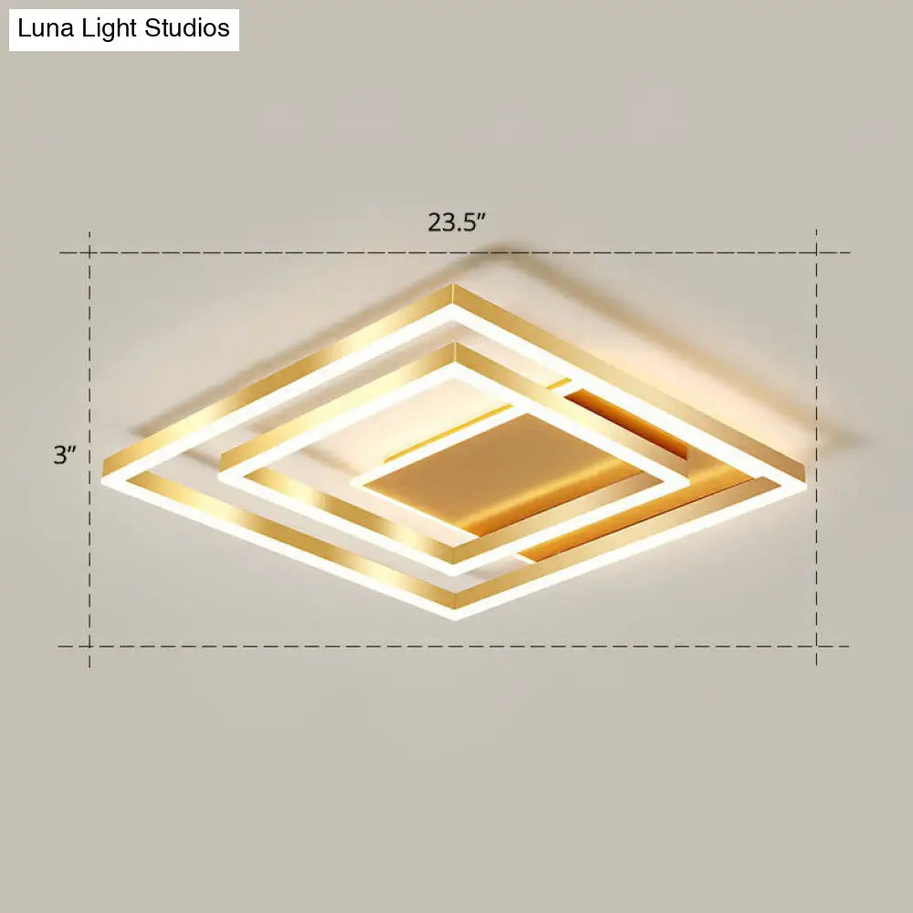 Minimalist Square Gold Led Flush Ceiling Light For Bedrooms / 23.5 Remote Control Stepless Dimming