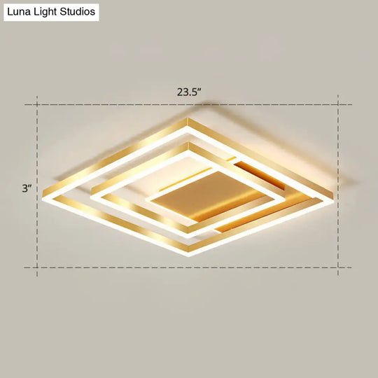 Minimalist Square Gold Led Flush Ceiling Light For Bedrooms / 23.5 Remote Control Stepless Dimming