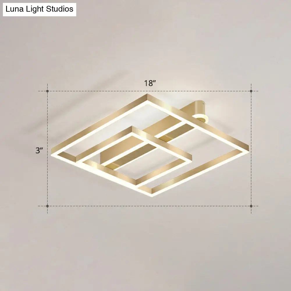 Minimalist Square Led Flush Ceiling Light In Gold For Bedroom / White Double Ring