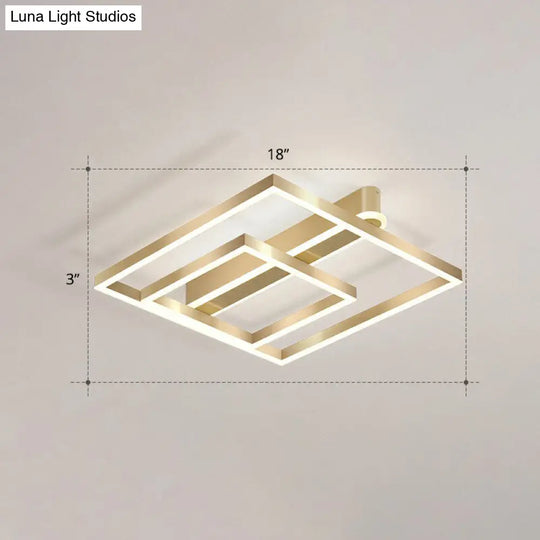 Minimalist Square Led Flush Ceiling Light In Gold For Bedroom / White Double Ring