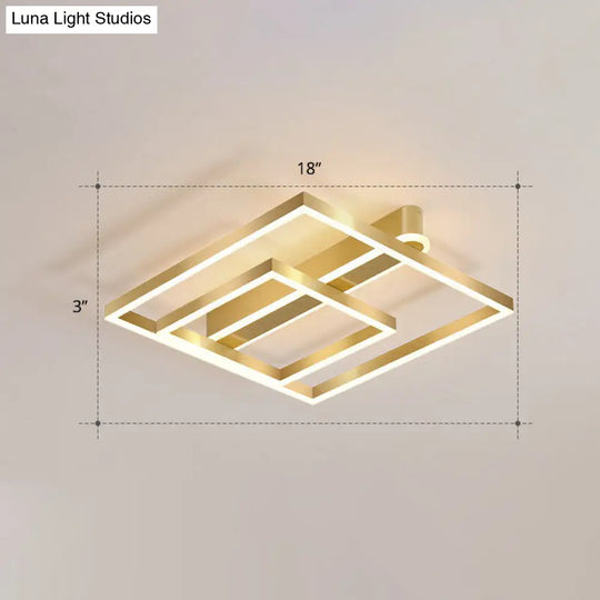 Minimalist Square Led Flush Ceiling Light In Gold For Bedroom / Warm Double Ring