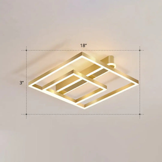 Minimalist Square Led Flush Ceiling Light In Gold For Bedroom / Warm Double Ring