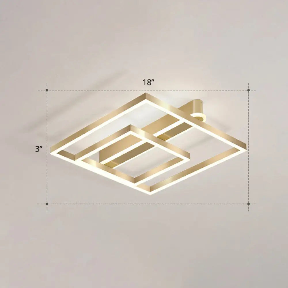 Minimalist Square Led Flush Ceiling Light In Gold For Bedroom / White Double Ring