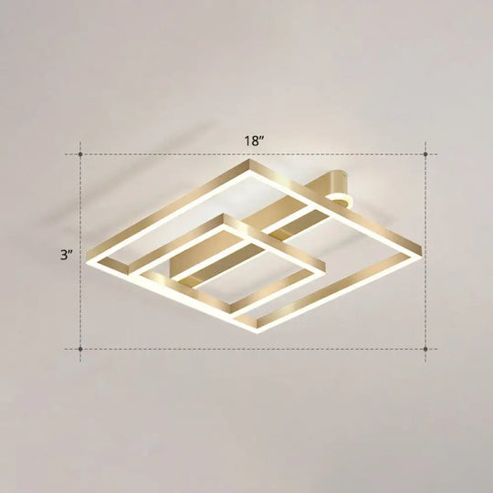 Minimalist Square Led Flush Ceiling Light In Gold For Bedroom / White Double Ring