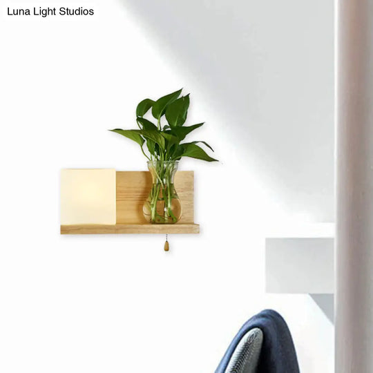 Minimalist Square Led Wall Sconce In White Glass With Wood Accent - 1 Head Left/Right