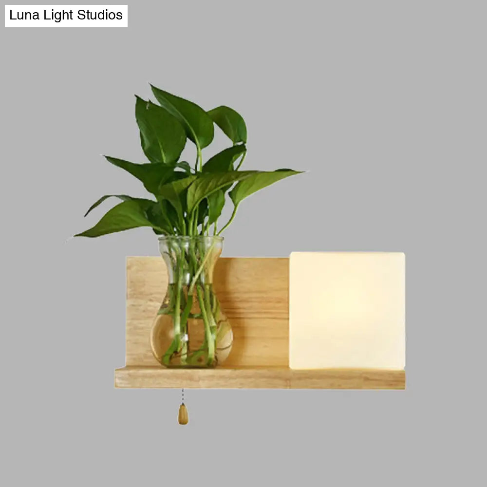 Minimalist Square Led Wall Sconce In White Glass With Wood Accent - 1 Head Left/Right