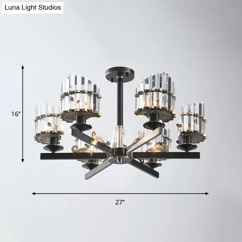 Minimalist Starburst Ceiling Flush 6 - Head K9 Crystal Semi Mount Light In Black