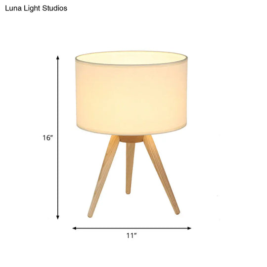 Minimalist Tripod Night Lamp With Drum Shade And Wood Base - Perfect For Single Bedrooms