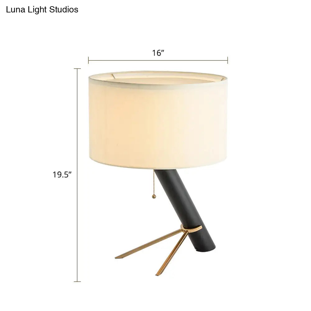 Minimalist Tripod Night Light Metal Table Lamp - Black Pull-Chain Round Fabric Shade