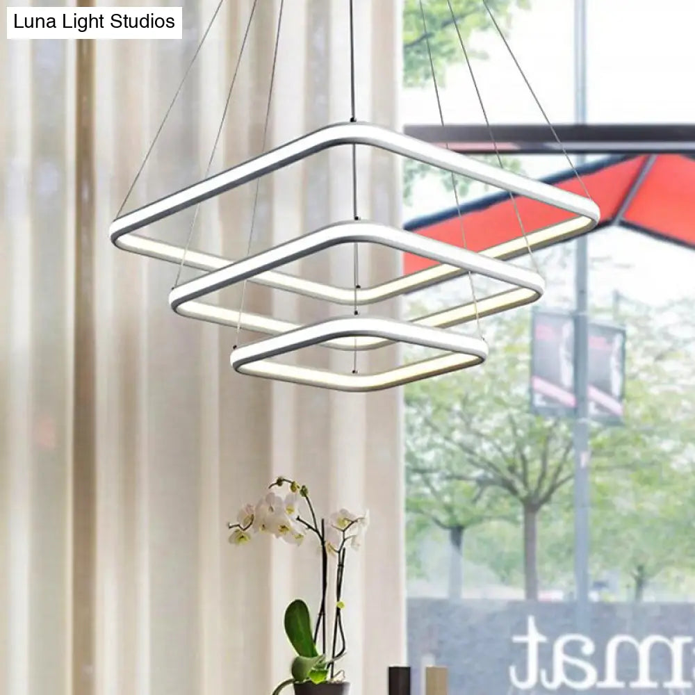 Sleek White Acrylic Hanging Chandelier With Layered Square Design Led Ceiling Pendant In White/Warm