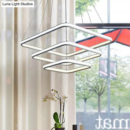 Sleek White Acrylic Hanging Chandelier With Layered Square Design Led Ceiling Pendant In White/Warm