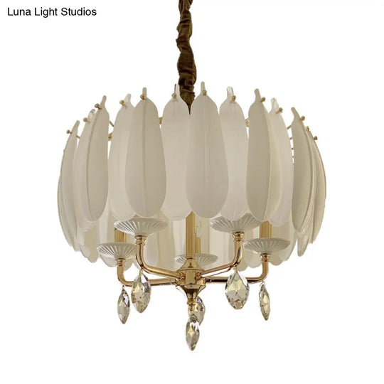 Minimalist Crystal Pendant Chandelier With 5 Bulbs For Bedroom - White Glass And Ceramic Feather