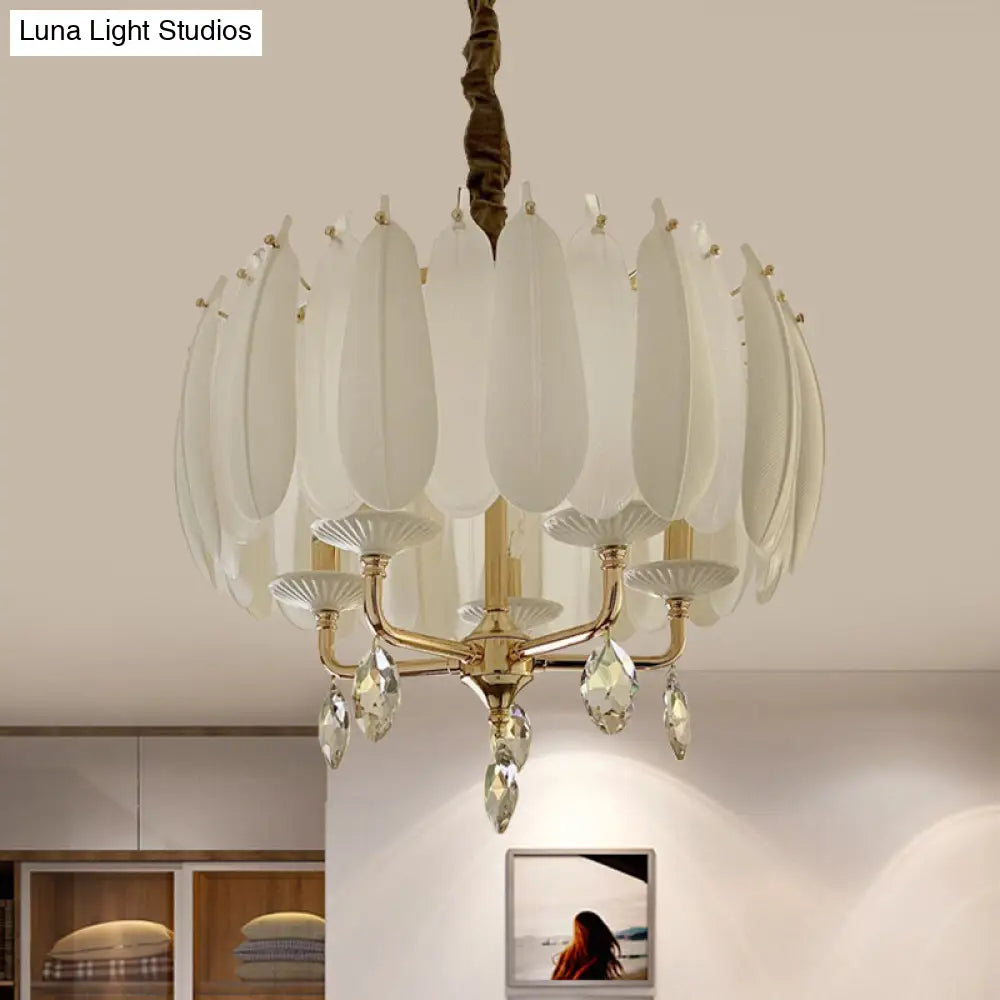 Minimalist Crystal Pendant Chandelier With 5 Bulbs For Bedroom - White Glass And Ceramic Feather