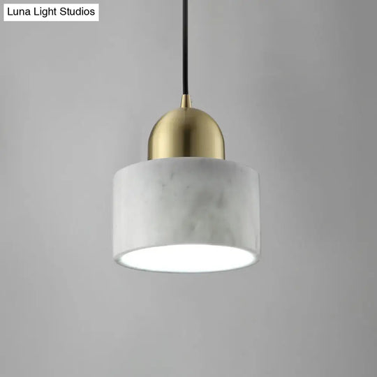 Minimalist White Pendant Bedside Lamp With Drum Marble Shade And Gold Dome Top - 1-Light