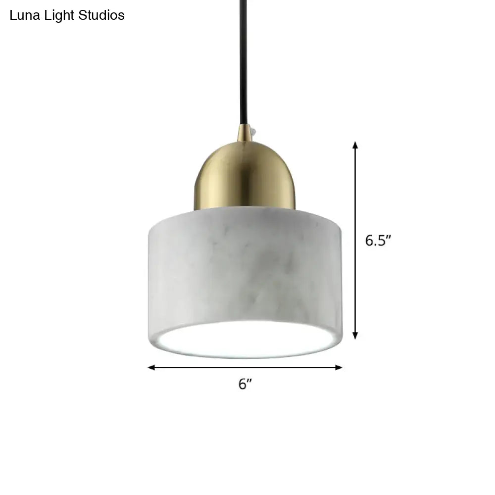 Minimalist White Pendant Bedside Lamp With Drum Marble Shade And Gold Dome Top - 1-Light