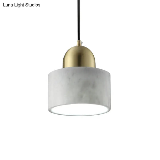 Minimalist White Pendant Bedside Lamp With Drum Marble Shade And Gold Dome Top - 1-Light