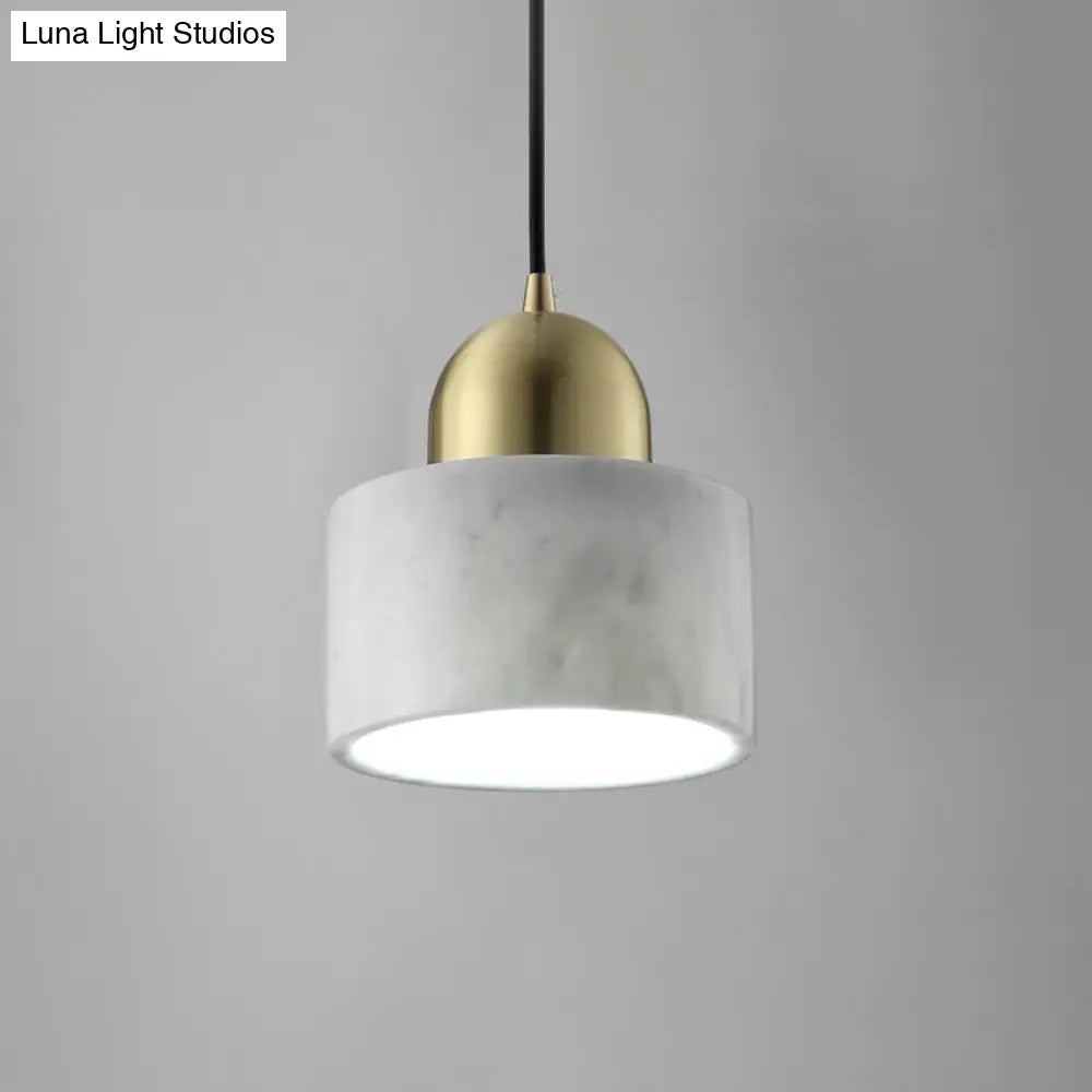 Minimalist White Bedside Pendant Light With Drum Marble Shade And Gold Dome Top - 1-Light Hanging