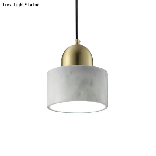 Minimalist White Bedside Pendant Light With Drum Marble Shade And Gold Dome Top - 1-Light Hanging