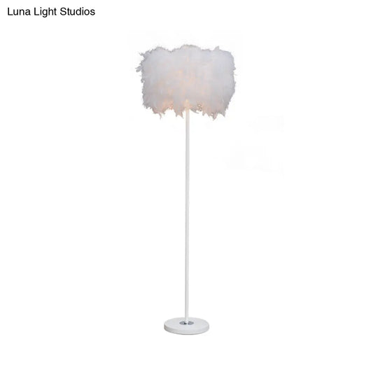 Minimalist White/Chrome Living Room Floor Lamp - Single-Bulb Standing Light With Feather Shade