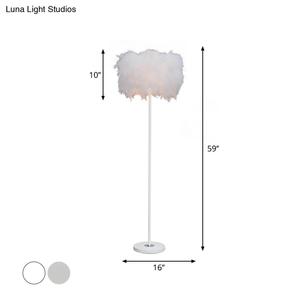 Minimalist White/Chrome Living Room Floor Lamp - Single-Bulb Standing Light With Feather Shade